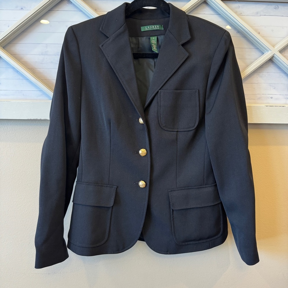 Lauren Ralph Lauren Wool Gold Button Blazer Jacket Black Size 6 See Pic For Flaw - Picture 1 of 8